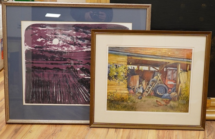 Two watercolours, comprising; Claude Murrills (1915-2006), 'Farmer's Flotsam’ and Mary Faux Jackson, ‘Landscape at night’, largest 46 x 66cm. Condition - good